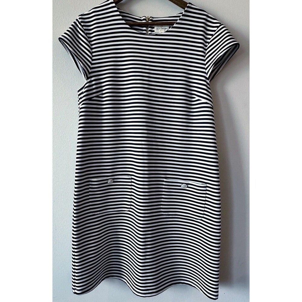 Julie Brown NYC Striped Shift Dress Mod Nautical Gold Crest Zip Accent Old Money